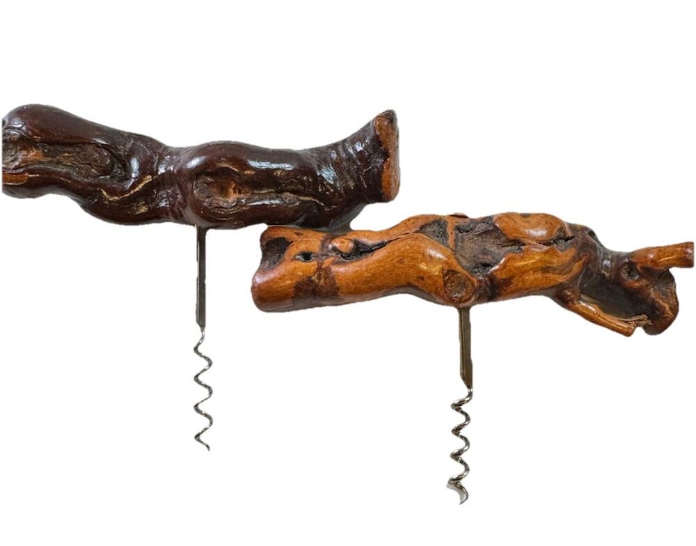 Vintage Driftwood Burl Corkscrew Set MCM Hand Carved Wine Opener - Bar decor